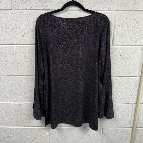 Susan Graver Tunic Womens XL Liquid Knit Metallic Stud Bell Sleeve Top Office - Picture 2 of 13